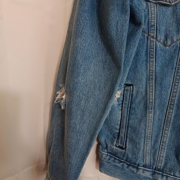 Levis Vintage Distressed Jean Jacket Mens Sz M Button Up Closure Harley Patch - Picture 5 of 12